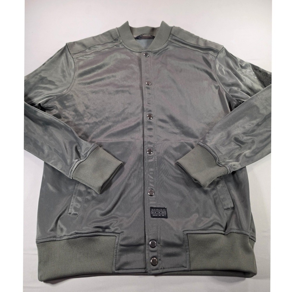 Sean John Mens Gray Snap Front Bomber Track Jacket Tonal Sleeve Graphic S